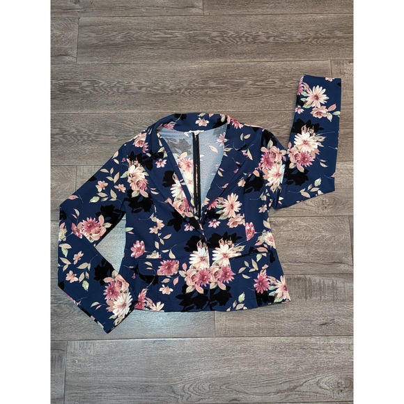 mine Jackets & Blazers - Women's Navy Blue Floral Single Button Blazer Jacket XL TB2771